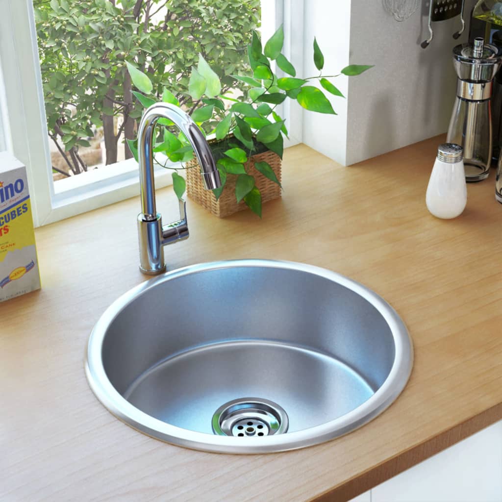 vidaXL Kitchen Sink Undermount Sink with Strainer Stainless Steel Sink Round